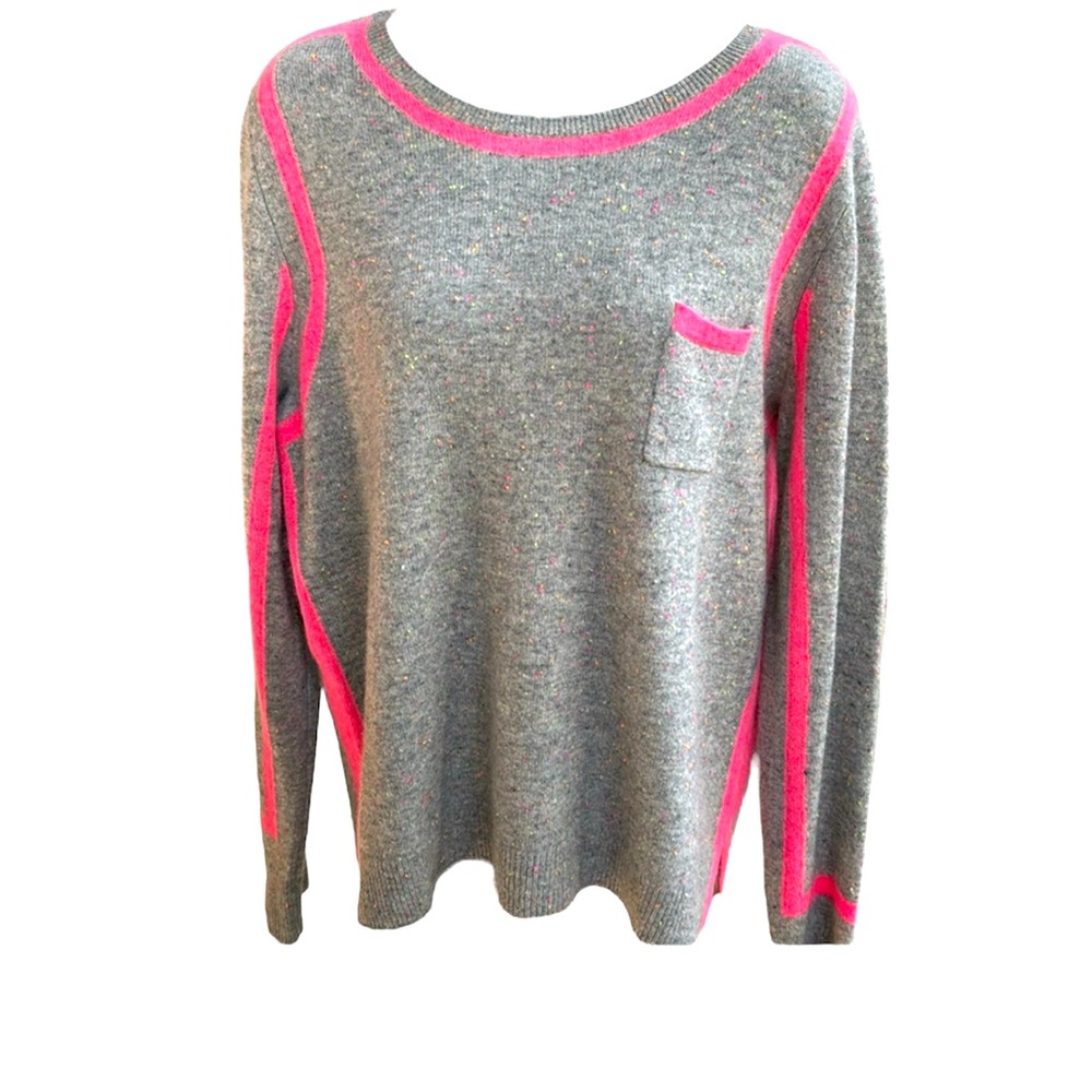 WHITE + WARREN heathered grey with neon pink, green, orange cashmere sweater, L